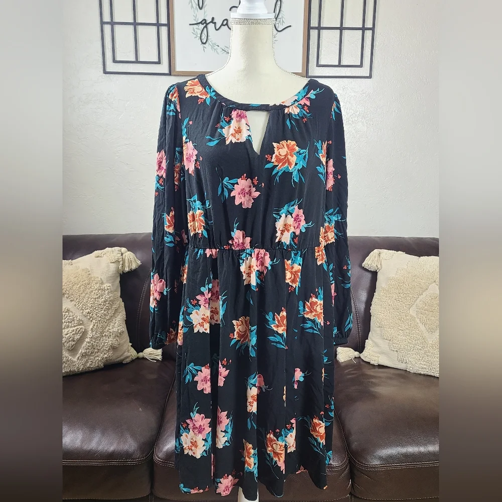 Torrid Black Floral Stretch Challis Mini A-Line Dress Plus Size 1X Spring Summer - Picture 4 of 12